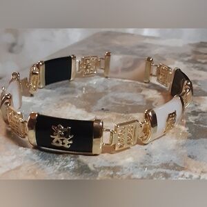 Vintage Goldplate Onyx & Mother Of Pearl Panel Bracelet 8"